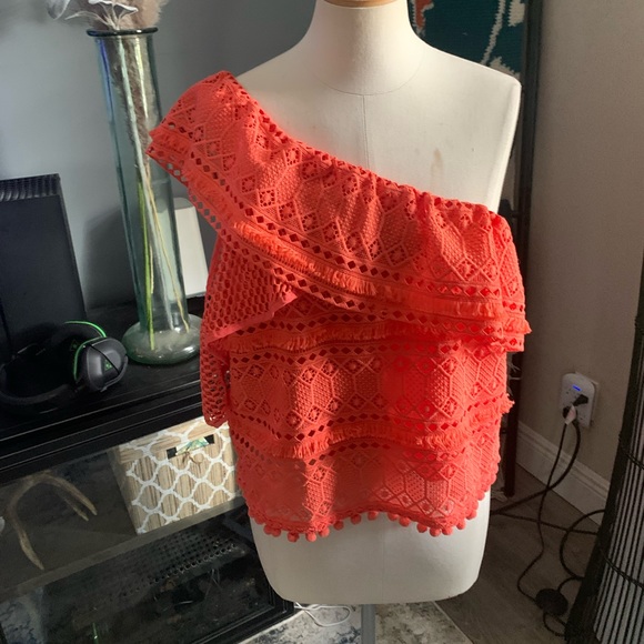 SAYLOR Bess fringe pom pom embroidered ruffle eyelet coral one shoulder - Picture 4 of 12
